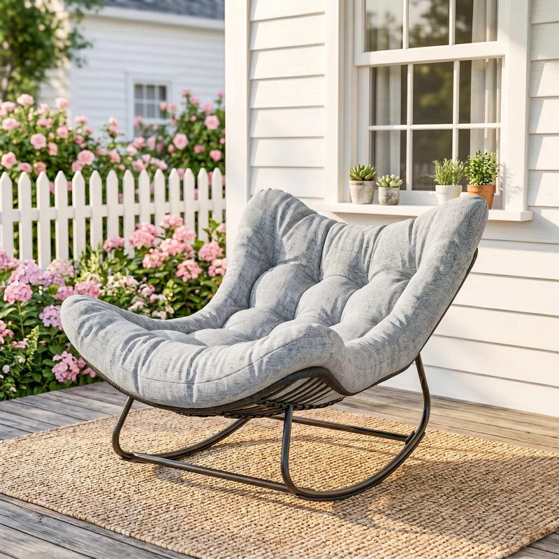 Outsunny Fauteuil à bascule de jardin chaise à bascule en forme d'œuf avec coussin rembourré 98 x 111 x 74 cm gris