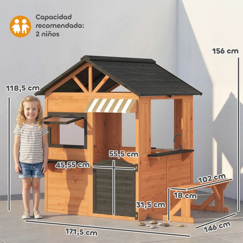 AIYAPLAY Casita Infantil Exterior e Interior de Madera con Cocina de Juguete y Banco de Picnic Ventanas de Servicio Marrón