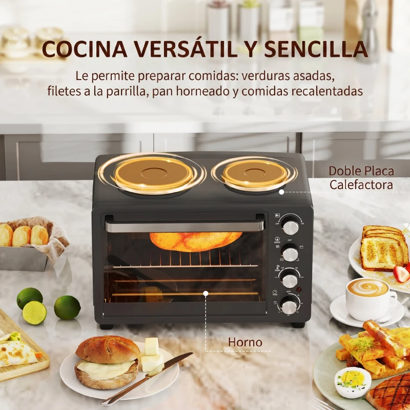 HOMCOM Horno Eléctrico de Sobremesa 28L 2600W con Placas Calentadoras Temperatura Ajustable Temporizador Bandeja Negro