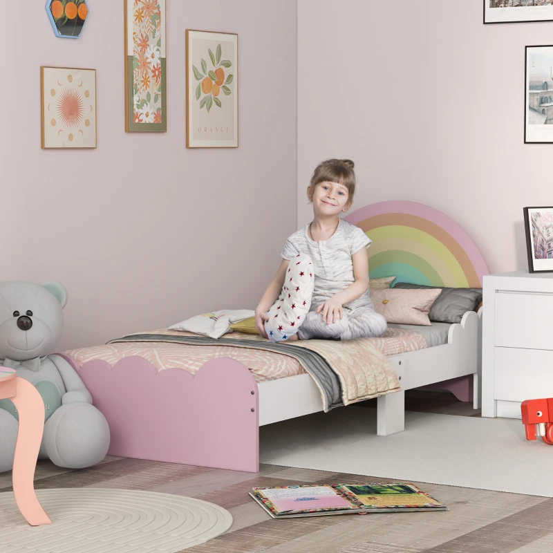 ZONEKIZ Lettino per Bambini 3-6 Anni con Sponde Laterali Anticaduta in MDF, 143x74x66 cm, Bianco e Rosa