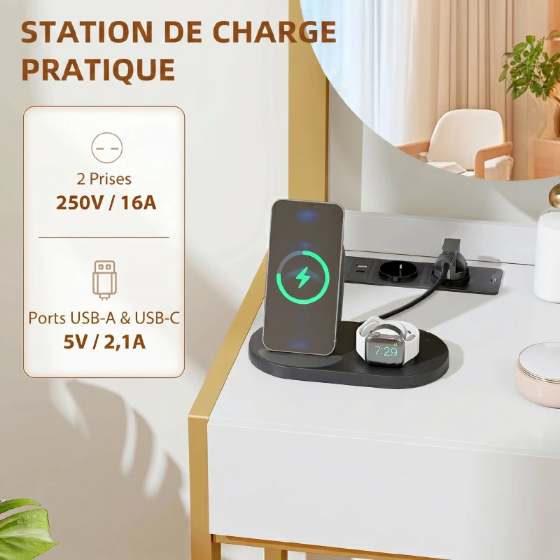 HOMCOM Coiffeuse avec miroir et tabouret, station de charge, table de maquillage avec 2 tiroirs, 3 étagères ouvertes, blanc