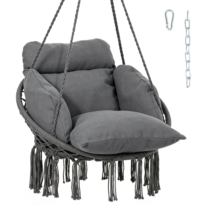 Outsunny Chaise suspendue avec grand coussin rembourré hamac fauteuil suspendu à franges kit de suspension 80 x 60 x 40 cm gris foncé