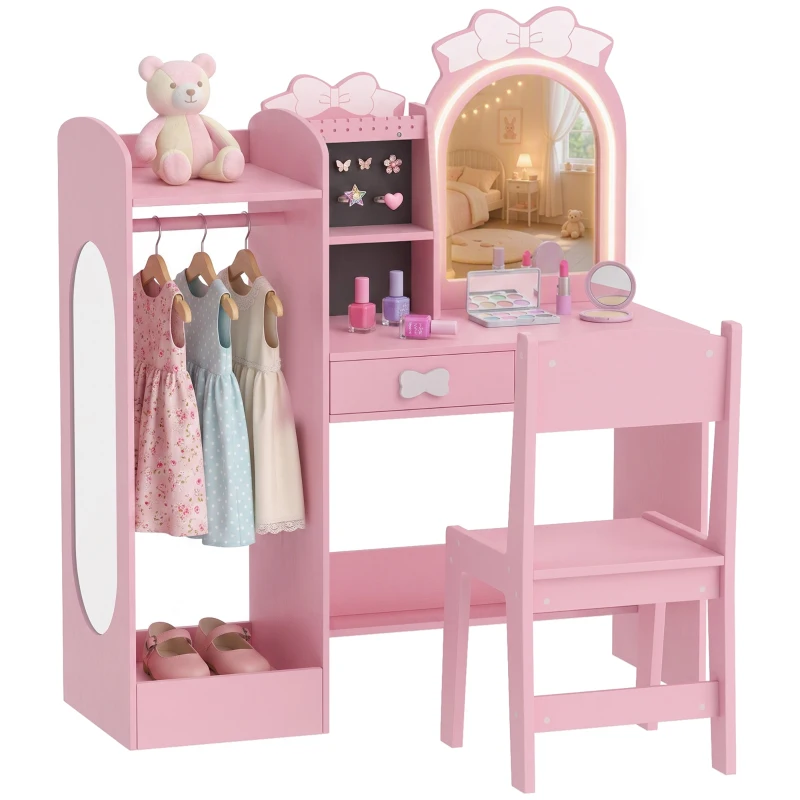 AIYAPLAY Coiffeuse pour Enfants avec Tabouret et Miroir Lumineux à 2 Couleurs en Acrylique, Coiffeuse Bureau Fille 3-8 Ans, Rose