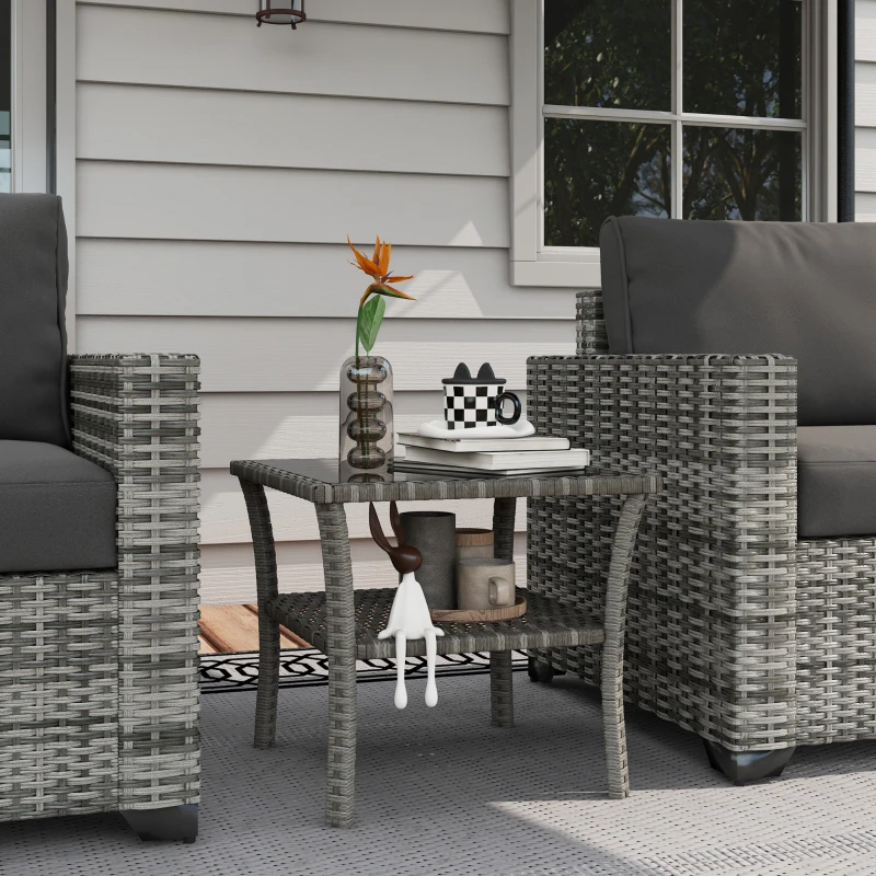 Outsunny Table d'appoint en résine tressée 2 niveaux 50x50x45cm, table basse de jardin carrée plateau en verre trempé, gris