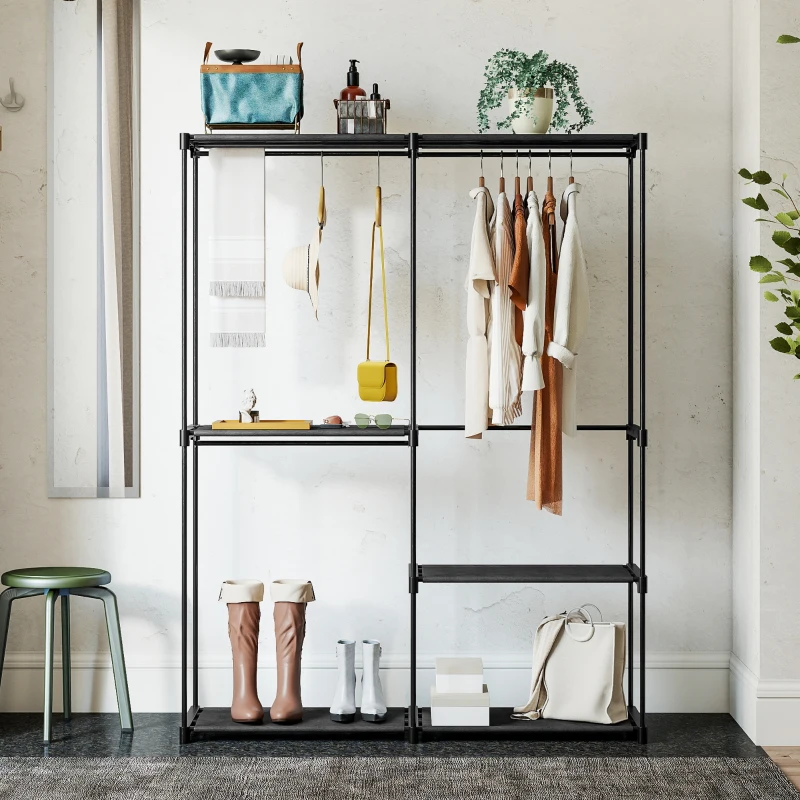 HOMCOM Draagbaar kledingrek, metalen frame, stofplanken, veel ruimte, Zwart