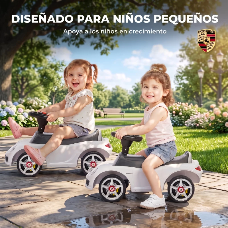 AIYAPLAY Correpasillos para Bebés de 18-36 Meses Licencia de Porsche con 2 Faros Bocina Sonido de Arranque 63x28,5x38 cm Blanco