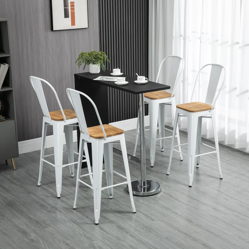 HOMCOM Lot de 4 tabourets de bar industriel avec dossier repose-pied hauteur assise 76 cm métal crème