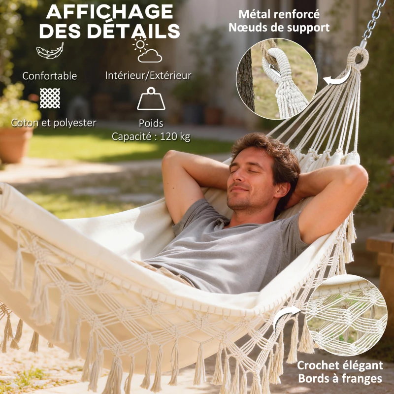 Outsunny Hamac Exterieur Bohème, Hamac de jardin Suspendu avec Frange et Sac de Transport extra large 288 x 150 cm, Beige