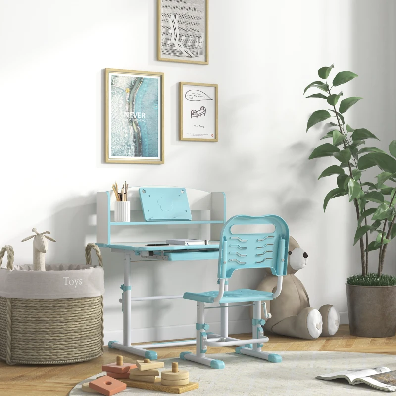 ZONEKIZ Pupitre Infantil Altura Ajustable con 1 Cajón 1 Estante y Ángulo de Mesa Ajustable 80x54,5x82-104 cm Azul y Blanco