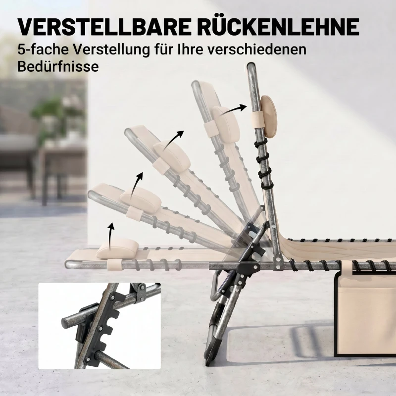 Outsunny Sonnenliege, Faltbare Gartenliege, Klappliege mit Kissen, 5-stufige Rückenlehne, Oxfordstoff, 188 x 57 x 30 cm, Beige
