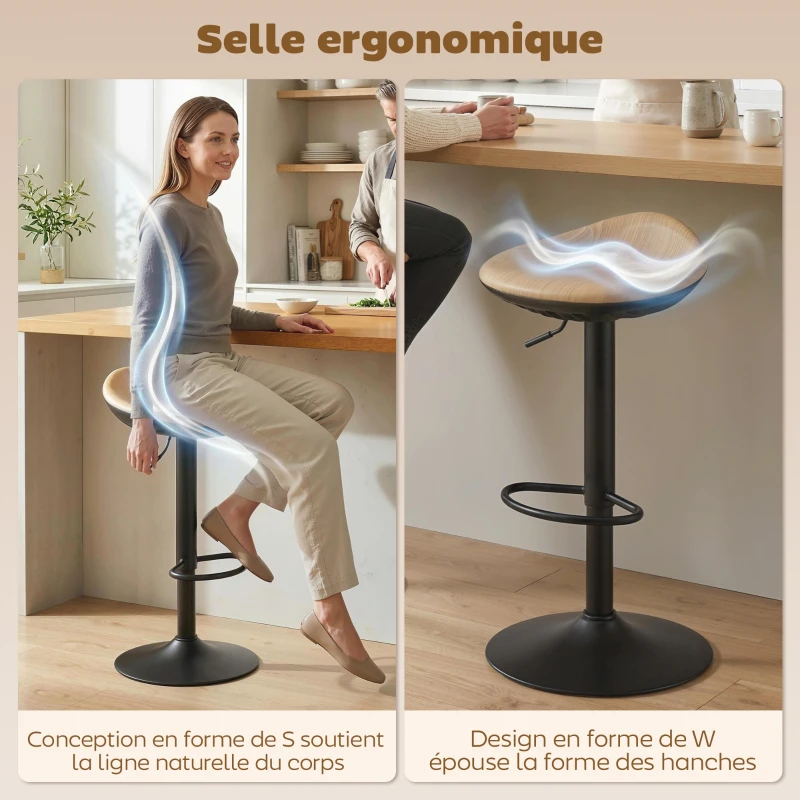 HOMCOM Lot de 2 tabourets de bar, chaises de bar réglables en hauteur avec repose-pieds, pivotant 360°, base en acier, chêne
