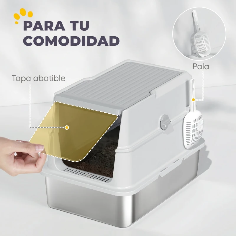 PawHut Arenero para Gatos de Acero Inoxidable XL Cerrado con Tapa Abatible Borde Alto Pala Antifugas Gris Claro