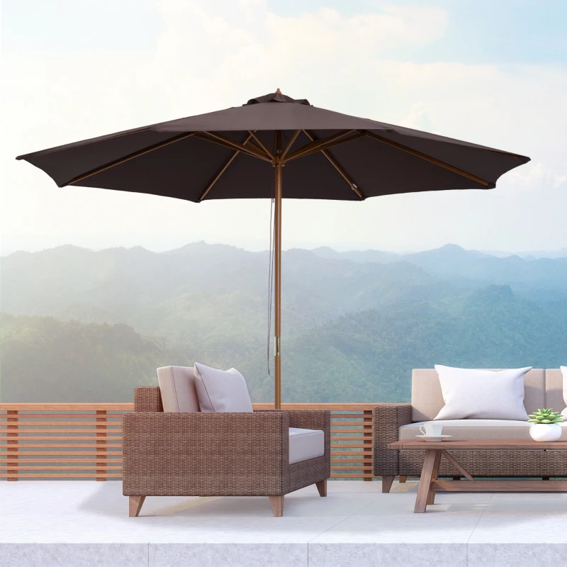 Outsunny Ombrellone da Giardino 3x2.5 m con Palo in Legno e 8 Stecche, Parasole da Esterno in Poliestere, Caffè