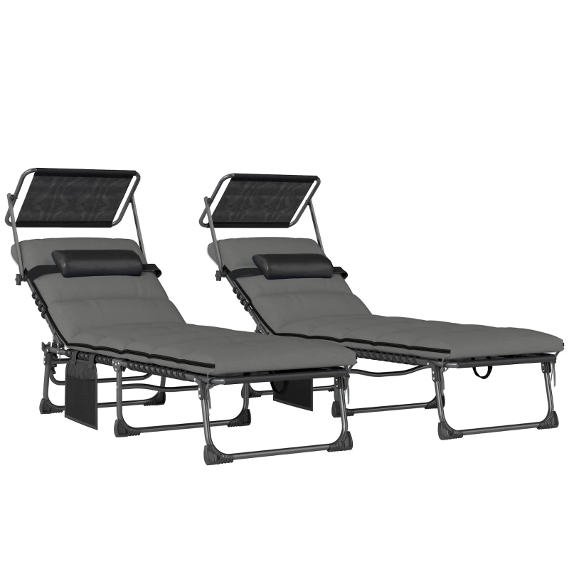 Outsunny Lot de 2 transats pliants avec pare-soleil, chaises longues inclinables avec coussin, poche latérale et poignée de transport, gris foncé