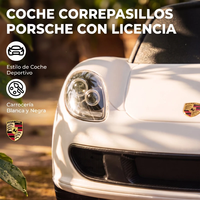 AIYAPLAY Correpasillos para Bebés de 18-36 Meses Licencia de Porsche con 2 Faros Bocina Sonido de Arranque 63x28,5x38 cm Blanco