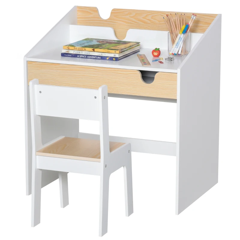 HOMCOM Set Scrivania e Sedia per Bambini con Cassetto e Scaffale, Bordi Arrotondati, Età 6-10 Anni, Bianco e Legno