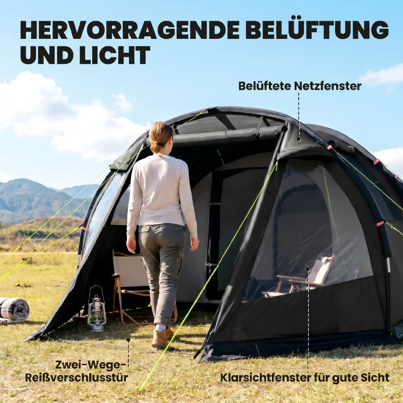 Outsunny Campingzelt Trekkingzelt Zelt, wetterbeständig, 2 Räume,  475 x 264  cm Breite x 172, Schwarz