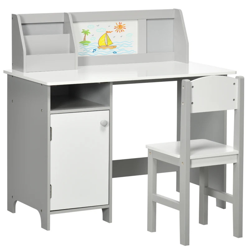 HOMCOM Escritorio Infantil de Madera con Silla y Mesa con Organizador y Pizarra Blanca para +5 Años 90x45x85 cm Gris