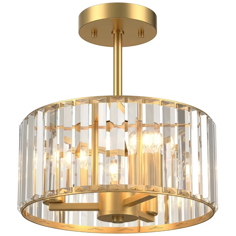 HOMCOM Semi Flush Mount Modern Crystal Chandelier Ceiling Light, Crystal Ceiling Light Fixture with E14 Base, Gold