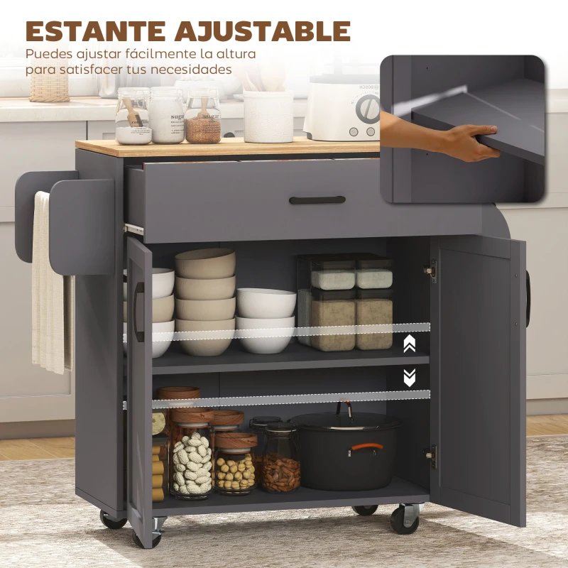 HOMCOM Isla de Cocina con Ruedas con Cajón Armario con Puertas Toallero y Especiero 105x36x85 cm Gris