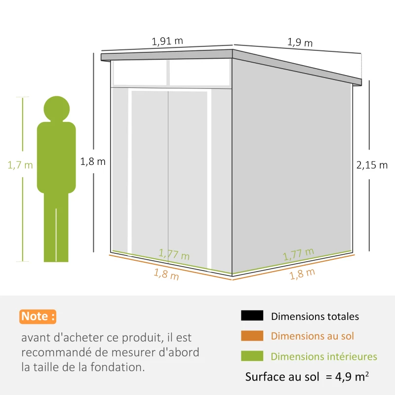 Outsunny Abri de jardin en polypropylène 3,24 m² cabane de jardin avec double porte et fenêtres, 190 x 191 x 215 cm, gris