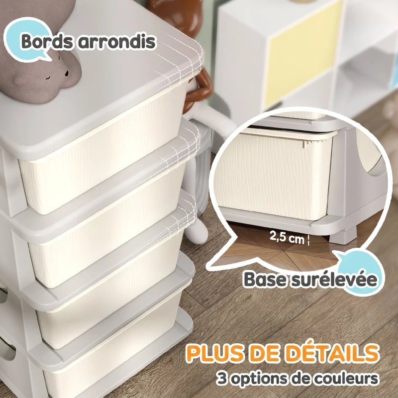 HOMCOM Organisateur de jouets pour enfants avec 4 tiroirs à 4 niveaux, boîtes de rangement en plastique, 37 x 37 x 76 cm, crème