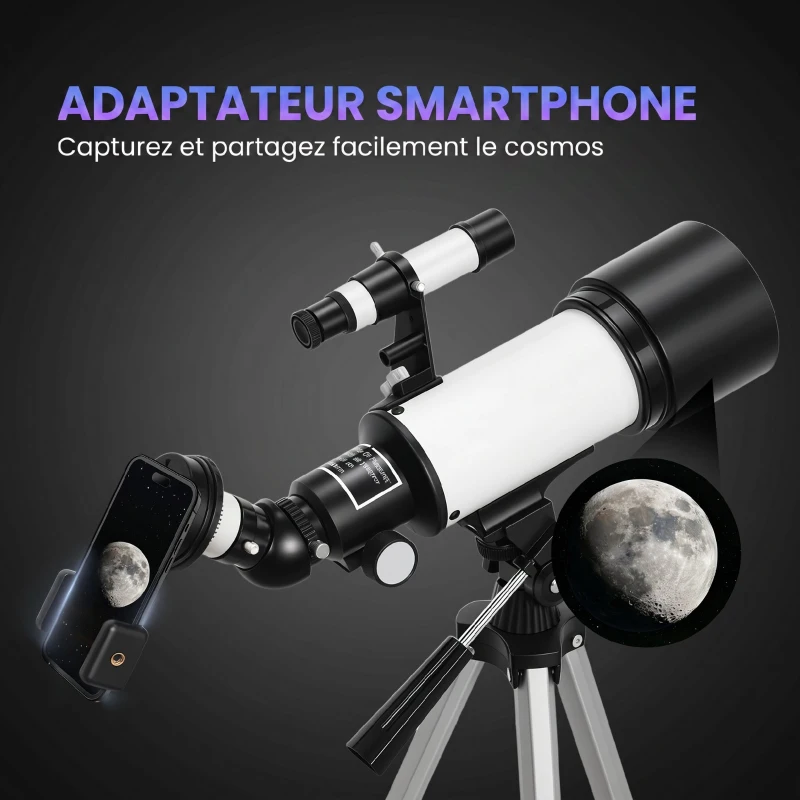 Outsunny Télescope Astronomique pour Adultes et Débutants 70 mm, 2 Oculaire 40X/16X, Trépied Réglable, 80 x 80 x 135 cm, Blanc