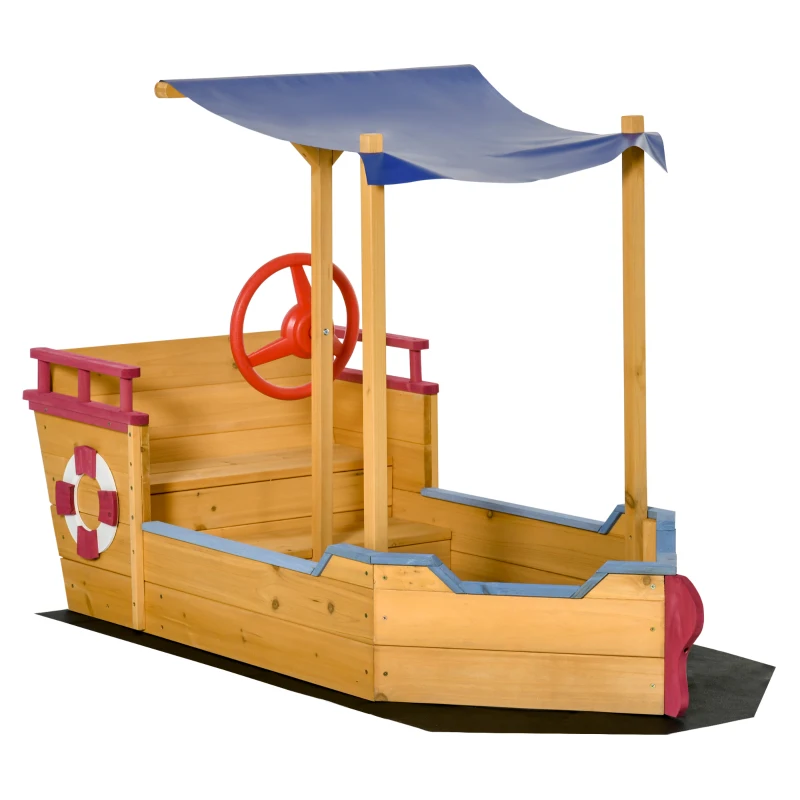 Outsunny Bac à Sable Bateau de Pirate en Bois - Voile d'ombrage, Coffre Rangement, gouvernail - Bois Sapin pré-huilé 160x70x103cm