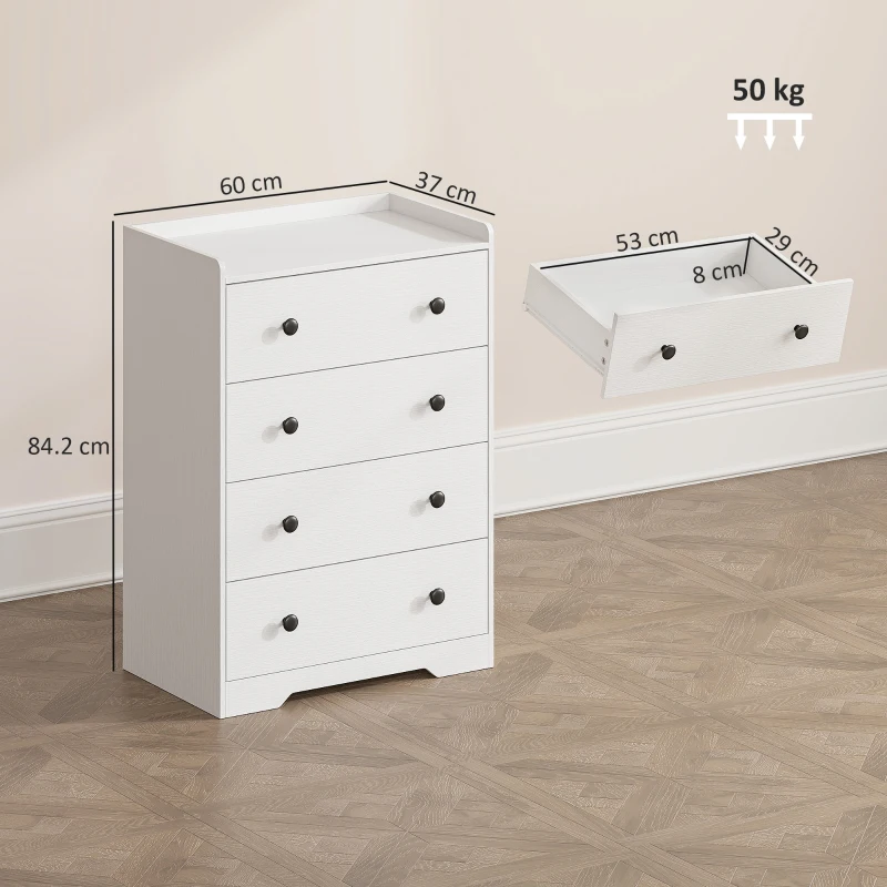 HOMCOM 4 Drawer Chest of Drawers, Modern Dresser for Bedroom, Storage Cabinet for Living Room Entryway, White Wood Effect
