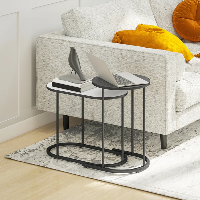 HOMCOM Lot de 2 tables basses gigognes, tables d'appoint empilable style contemporain, cadre en métal gris et blanc