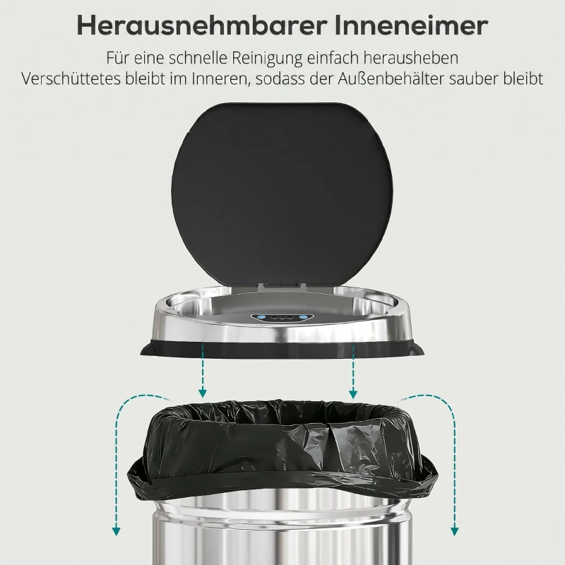 HOMCOM 42 L Sensor Mülleimer, Automatischer Abfalleimer, Rostfreier Kücheneimer mit Infrarotsensor, für Küche, Esszimmer