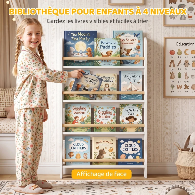 AIYAPLAY Bibliothèque murale pour enfant, rangement livre enfant 4 niveaux, fixer au mur, 60 x 10 x 98 cm, blanc