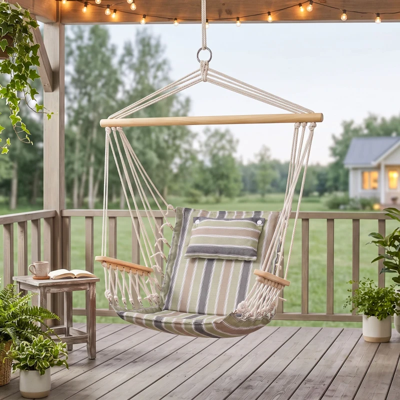 Outsunny Chaise Suspendue hamac de Voyage Respirant Portable dim. 100L x 49l x 106H cm Coton macramé Polyester Multicolore rayé