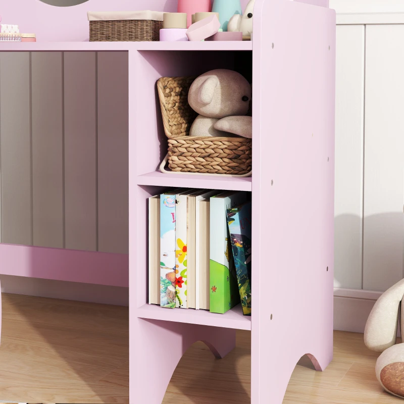 AIYAPLAY Tocador Infantil con Taburete y Espejo en Forma de Flor con Estantes Abiertos para Niños y Niñas de 3-8 Años Morado