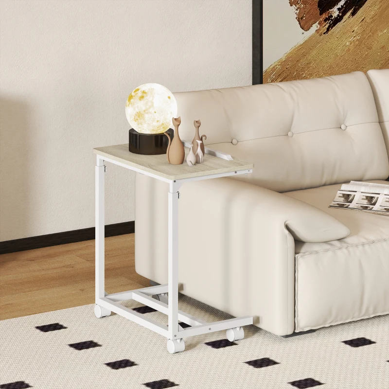 HOMCOM Table d'appoint avec roulettes en forme de C réglable en hauteur avec plateau inclinable, chêne et blanc