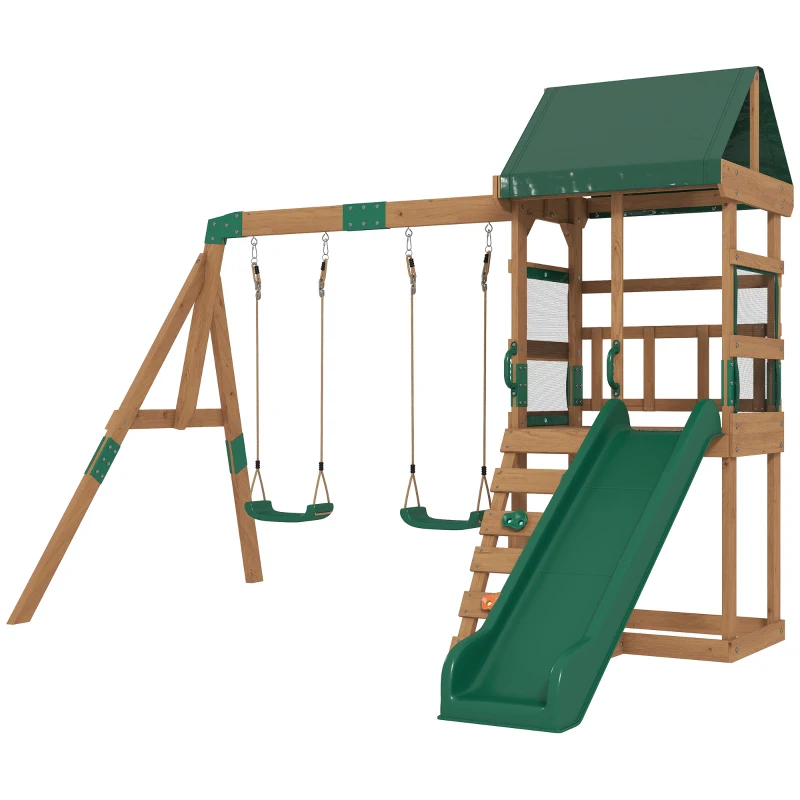 AIYAPLAY Aire de Jeux portique en Bois avec 2 balançoires et Toboggan, Mur d'Escalade et Terrasse Couverte, pour 3 à 8 Ans