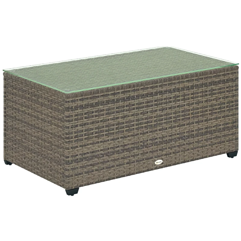 Outsunny Table basse de jardin, table d'appoint en résine tressée avec plateau en verre trempé, 90 x 50 x 38 cm, gris foncé