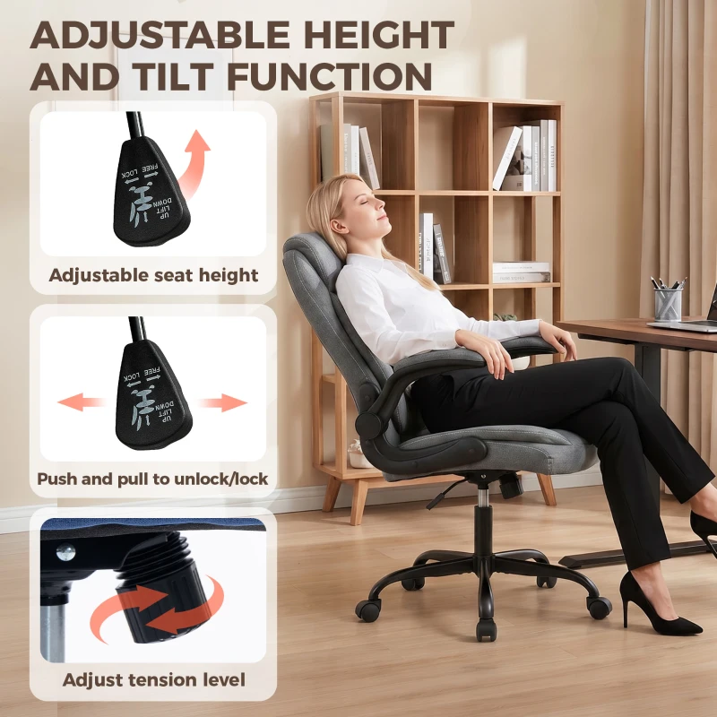 HOMCOM Linen-Look Computer Desk Chair, Executive Office Chair with Flip-Up Armrests and Thick Cushion, Grey