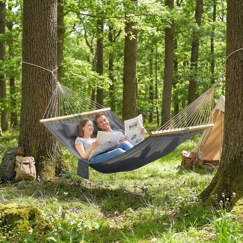 Outsunny Hamac suspendu 325 cm avec oreiller extra-long, tissu matelassé, poche pour magazines, intérieur et extérieur, gris