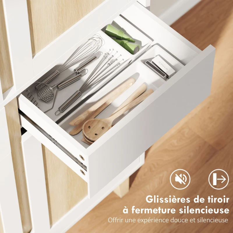HOMCOM Buffet haut cuisine, armoire de cuisine avec 4 portes, 2 tiroirs et étagères réglables, 80x35x170cm, blanc et chêne(m-6)