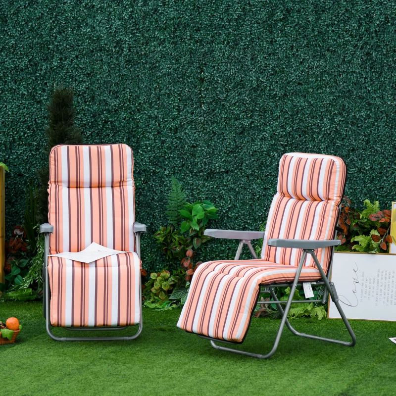 Outsunny Conjunto de 2 Espreguiçadeiras Dobráveis de Jardim com Almofada Acolchoada, Encosto Ajustável em 5 Posições, Apoio para os Pés e Estrutura de Aço, 60x75x65-102 cm, Listas Laranja