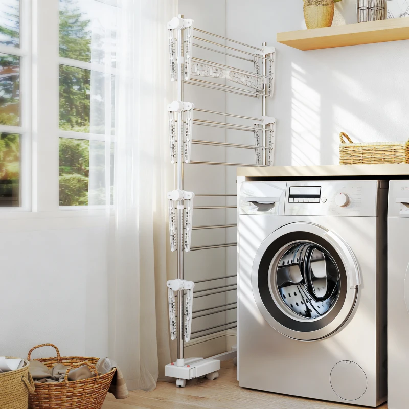HOMCOM Étendoir à Linge 4 Niveaux, Sechoir a Linge avec 6 Roulettes, Pliable, Cadre en Acier Inoxydable et Ailes Latérales, pour Intérieur Extérieur, 142 x 55 x 172 cm, Blanc