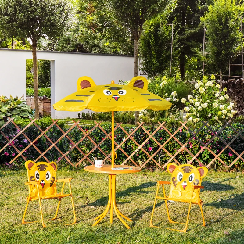 Outsunny Set de Exterior pentru Copii, 4 piese cu 2 Scaune, Umbrelă și Masă Rotundă, din Oțel și Țesătură Oxford Galbenă