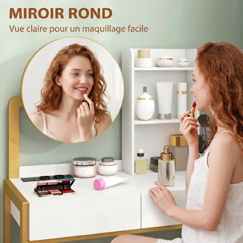 HOMCOM Coiffeuse avec miroir et tabouret, station de charge, table de maquillage avec 2 tiroirs, 3 étagères ouvertes, blanc