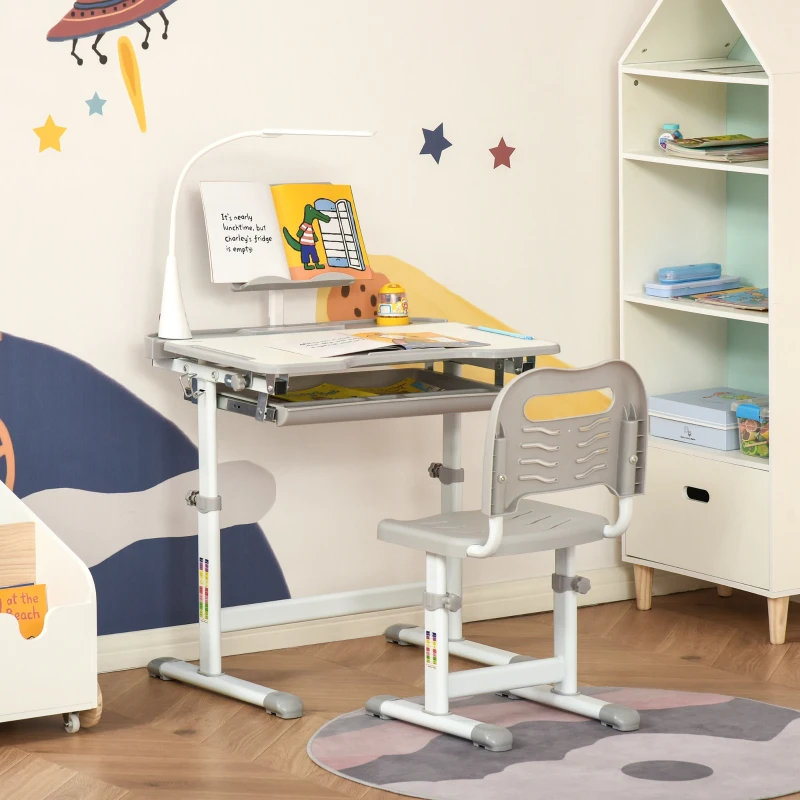 HOMCOM Juego de Escritorio y Silla para Niños de +6 Años Ajustable con Mesa Inclinable Lámpara Cajón y Estante para Libros Gris
