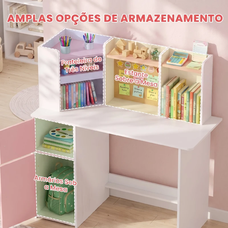 AIYAPLAY Secretária Infantil com Cadeira, Suporte Ajustável para Tablet, Porta-lápis, Quadro de Cortiça, Estantes e Armários, Rosa