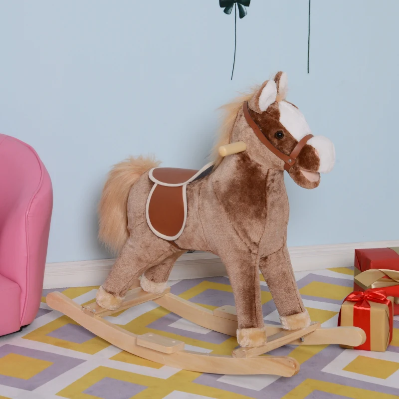 HOMCOM Caballo de Juguete para Niños de +3 Años con Asas Marco de Metal y Base de Madera Carga 40 kg 74x33x62 cm Marrón
