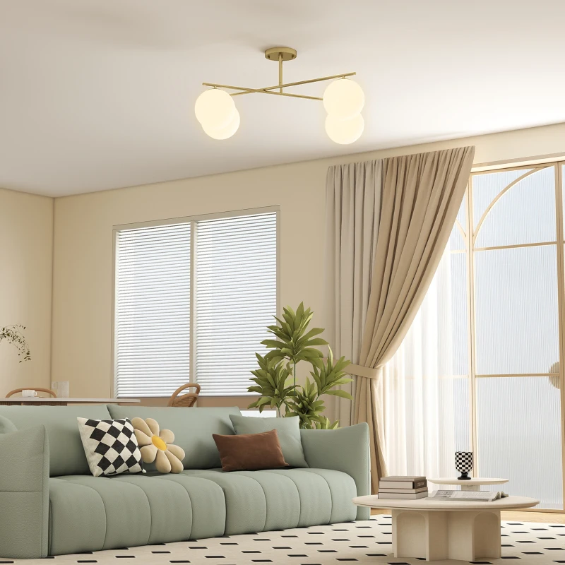 HOMCOM Plafonnier lustre moderne à 4 lumières avec culot E14, montage semi-affleurant, doré et crème