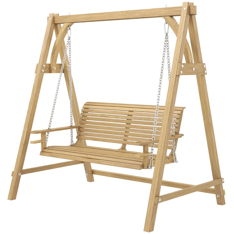 Outsunny 2 Seater Garden Swing Seat, Wooden Swing Chair Bench with Cup Holders for Outdoor Porch Patio, Natural