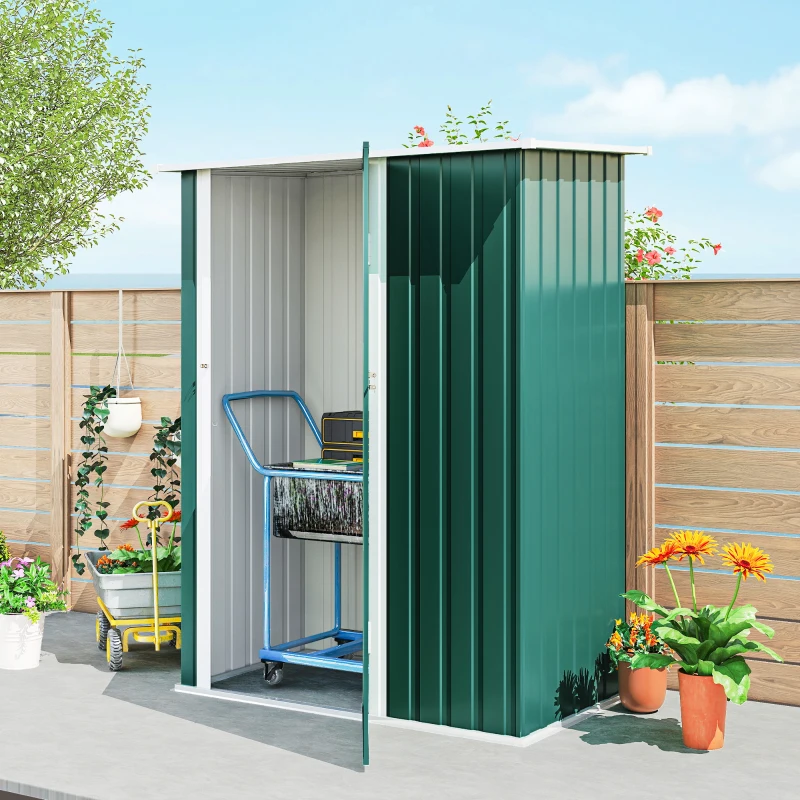 Outsunny Capanno Porta Attrezzi in Metallo con Tetto Inclinato e Porta Bloccabile, 142x86x189 cm, Verde